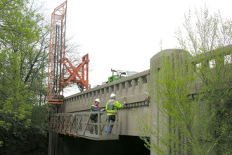 Exterior of a bridge being inspected